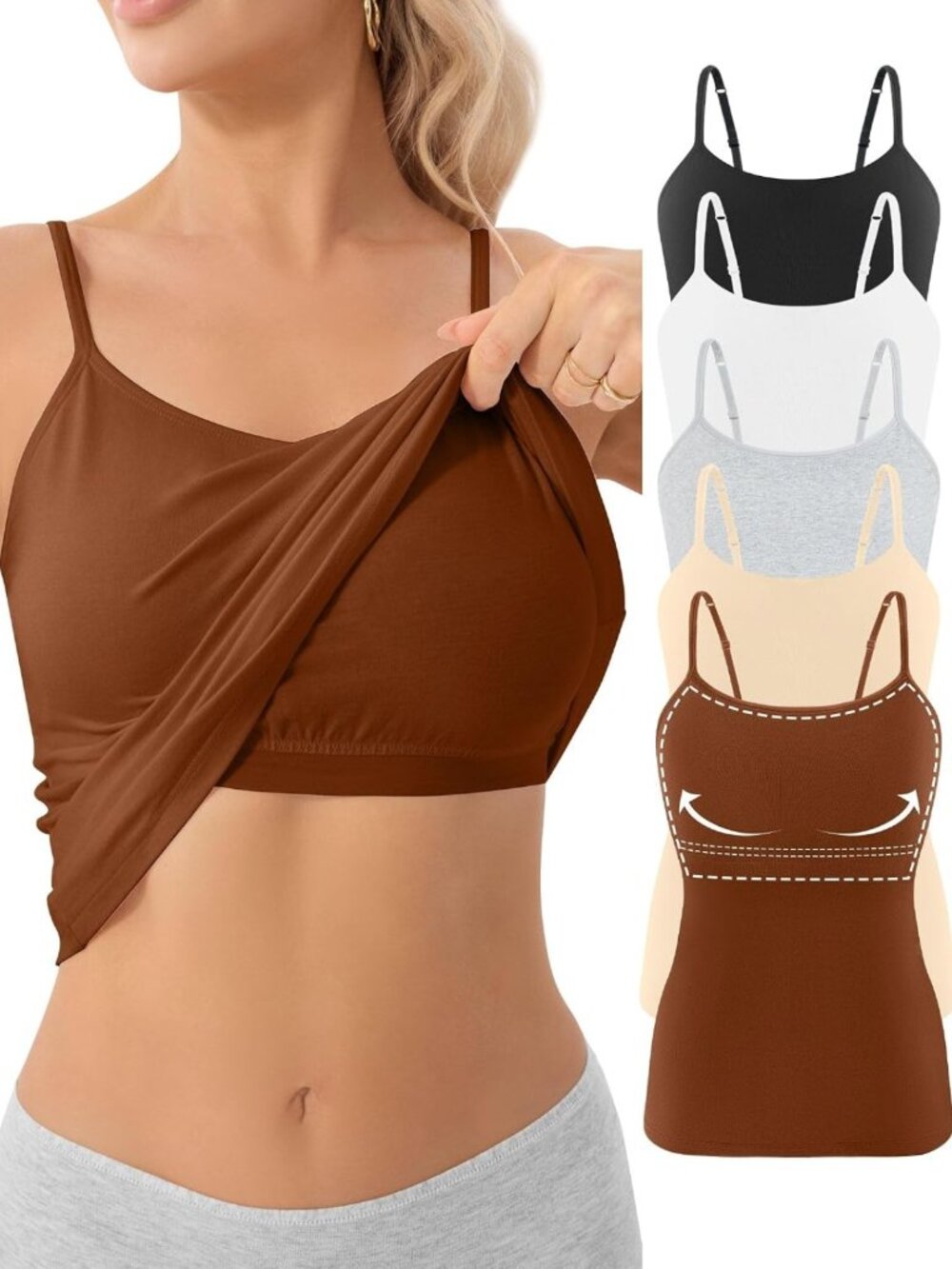 5-Pack Women's Cotton Shelf Bra Camisoles, Spaghetti Strap Tank Tops, Comfy